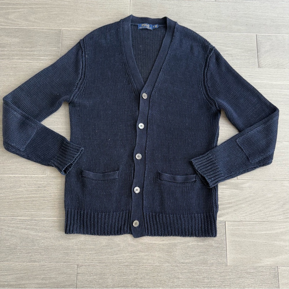 POLO RALPH LAUREN LINEN CARDIGAN SWEATER NAVY BLUE S OPEN CHUNKY KNIT V-NECK - Picture 12 of 14